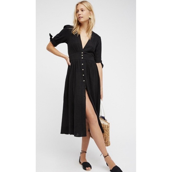 Free People Dresses & Skirts - NWT Free People Love Of My Life Midi Dress Black Button front Sz L Large